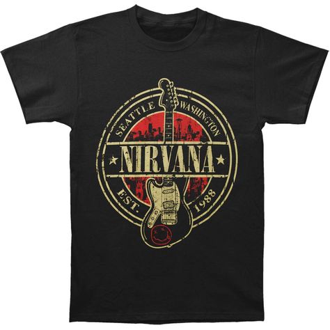 Nirvana Est 1988 Guitar Stamp T-shirt Nirvana Guitar, Guitar Print, Band Shirts, Direct To Garment Printer, Band Tees, Nirvana, Black Tshirt, Shirt Style, Cotton Tshirt