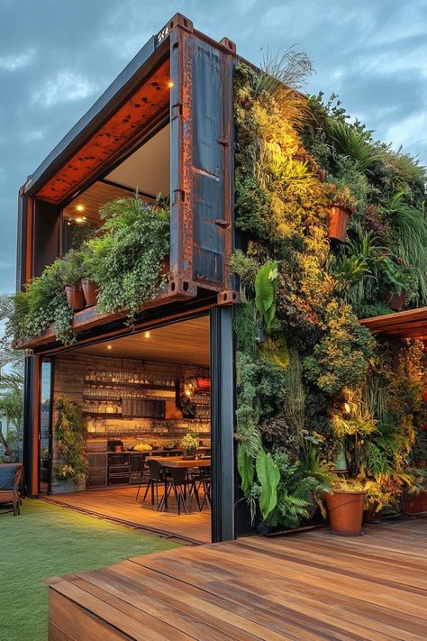 Double Shipping Container Homes, Modern Green House Exterior, Storage Container House, Vertical Shipping Container Home, Eco House Exterior, Bohemian Exterior, Green Tiny House, Bohemian Architecture, Eco Therapy