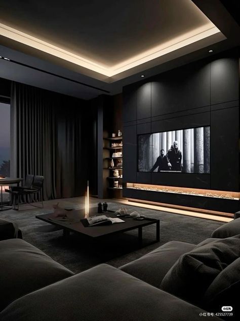 Luxurious Dark Living Room, Black Modern House Interior, Black Theater Room, Dark Theme Living Room, Black Interior House, Dark Modern Living Room, Black Home Interior, Sophisticated House, Dark Interior Design