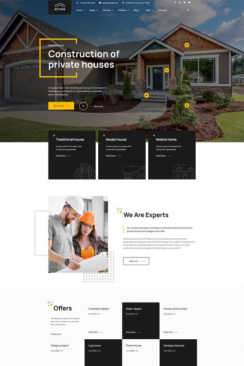 The "Actura Construction WordPress Theme" is a comprehensive and specialized solution tailored for construction companies, contractors, architectural firms, and related businesses. With its modern design and extensive features, this theme offers a powerful platform for showcasing construction projects, architectural designs, and connecting with potential clients seeking construction and architectural services. Website Design Construction Company, Roofing Company Website Design, Home Remodeling Website Design, Builders Website Design, Building Website Design, Contractor Website Design, Construction Website Design Inspiration, Construction Company Website Design, Home Website Design