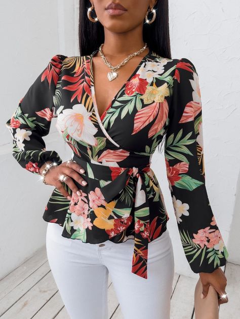 Random Floral Print Wrap Belted Blouse | SHEIN USA English Tops Styles, Stylish Long Tops For Women, Wrap Shirt Outfit, Floral Shirts Women, Floral Blouse Designs, Classy Blouses, Printed Chiffon Blouse, Flower Print Blouse, Hijab Trends