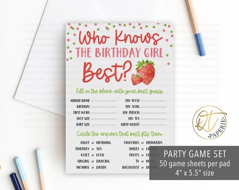 Strawberry Birthday Game, Berry First Party Game, Who Knows the Birthday Girl Best Game, Berry 1st Birthday Game, Printed Birthday Game - Etsy Israel Strawberry Birthday Games, Strawberry Birthday Party Games, Berry First Birthday Party Games, 1st Birthday Game Ideas, Berry First Birthday Games, 1st Birthday Games Party Activities, First Birthday Games For Adults, First Birthday Party Games, Juicy Questions