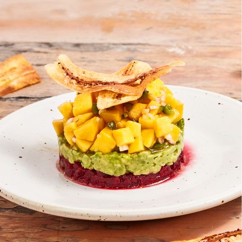 Mango, Beet & Avocado Tartare with Plantain Chips Avocado Tartare, Restaurants In New York City, Restaurants In New York, Plantain Chips, Mashed Avocado, Chips Recipe, Vegan Appetizers, Menu Board, Ripe Avocado