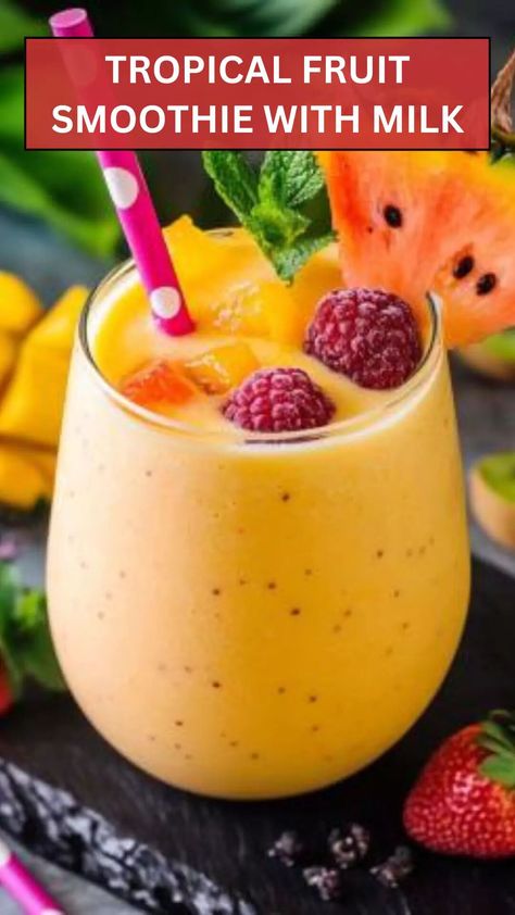 Tropical fruit smoothie with milk – Epic Cooker Healthy Soomthies, Smoothie With Milk, Tropical Smoothies, Heathy Smoothies, Tropical Fruit Smoothie, Tropical Smoothie Recipes, Leafy Salad, Canned Fruits, Homemade Smoothies