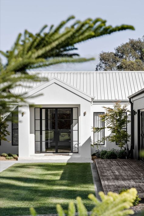 Coastal Farmhouse Exterior, Barn Aesthetic, Deck Roof, White Farmhouse Exterior, Modern Entrance Door, Exterior Facade, Iron Entry Doors, House Construction Plan, Modern Barn