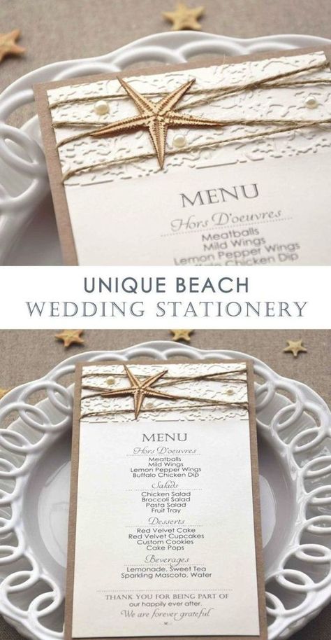 Destination Wedding Dinner Menu that matches with your Beach or Destination Wedding Menu. With this rustic beach menu, your guests will know what’s for dinner. #weddingstationery #weddingtabledecor #beachwedding #starfish #menu #weddingdinnermenu #beachmenu #starfishmenu Beach Wedding Menu, Tile Wedding, Winter Wedding Destinations, Wedding Ideas Gifts, Wedding Table Menus, 21 Dinner, Wedding Invitations Beach, Beach Wedding Destination, Rustic Beach Wedding