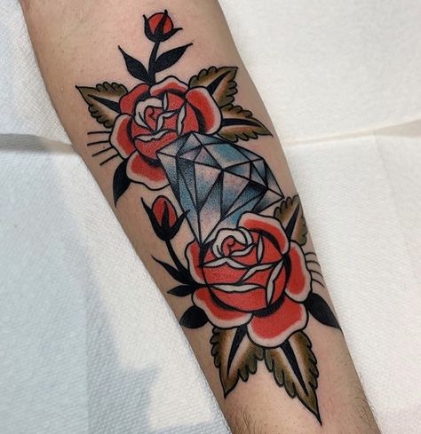 Roses and Diamond Tattoo Roses And Diamond Tattoo, Skull And Diamond Tattoo, Traditional Tattoo Diamond, Floral Diamond Tattoo, Rose Diamond Tattoo, Old School Diamond Tattoo, Diamond Rose Tattoo, Traditional Gem Tattoo, Traditional Rose Tattoo Men