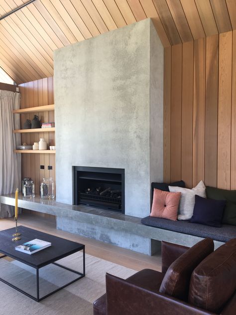 Fireplace Joinery Design, Contemporary Wood Burning Fireplace Designs, Mid Century Modern Fireplace Ideas, Cantilevered Fireplace Hearth, Double Sided Fireplace Living Room Mid Century, Freestanding Gas Fireplace Modern, Dream Cottage Interior, Peninsula Fireplace, Boardform Concrete Fireplace