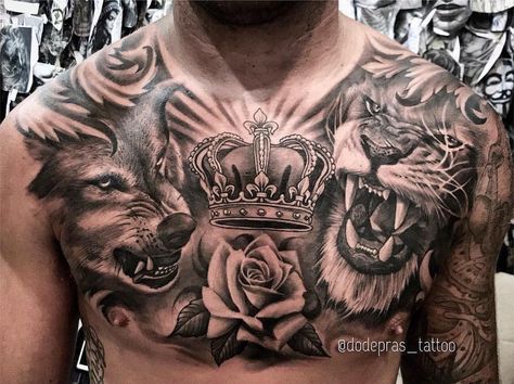 I95 Tattoo, Male Tattoo Ideas Chest, Tattoo Ideas Chest, Chest Tattoo Wolf, Chest Piece Tattoos Mens, Male Tattoo Ideas, Chest Tattoo Wings, Chest Tattoo Sketches, Lion Chest Tattoo