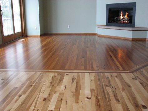 Two floors in one, looking good. Rare Earth Hardwoods Mixed Hardwood Floors, Modern Wood Floors, Wood Flooring Options, Types Of Hardwood Floors, Wood Floor Colors, Transitional Flooring, Transition Flooring, Types Of Wood Flooring, Wood Floor Design