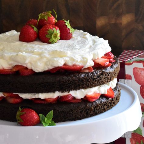 Chocolate Strawberry Shortcake Recipe | Allrecipes Chocolate Strawberry Shortcake, Shortcake Cake, Strawberry Shortcake Cake, Chocolate Strawberry Cake, Chocolate Torte, Strawberry Shortcake Recipes, Shortcake Recipe, Strawberry Cake Recipes, Strawberry Chocolate