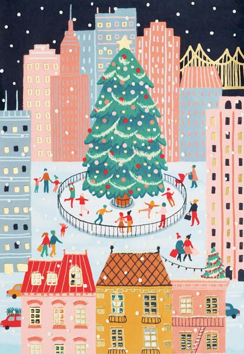 New York Christmas Illustration, Ice Skating Christmas Aesthetic, Christmas Scene Illustration, Christmas City Illustration, Christmas Aesthetic Illustration, Christmas Town Illustration, Christmas 2024 Trends, Christmas Village Illustration, 2023 Christmas Trends