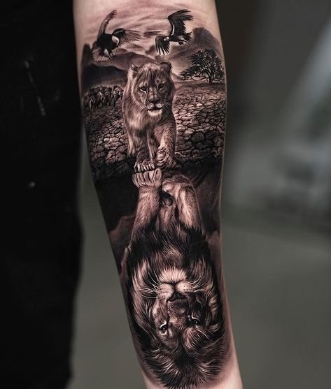 Lower Arm Sleeve Tattoos Men, Lion Reflection Tattoo, Safari Tattoo Ideas, Lion Tattoo Design Forearm, Animal Tattoos For Men Forearm, Animal Forearm Tattoo, Lion Tattoo Forearm, Jungle Tattoo Sleeve, Lion Sleeve Tattoo