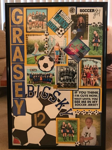 Senior soccer board⚽️🖤 Poster Board Senior Night, Senior Game Posters Soccer, Senior Soccer Night Posters, Soccer Senior Night Posters Boys, Senior Night Table Display Soccer, Soccer Poster Board Ideas, Soccer Poster Ideas Signs, Soccer Senior Boards, Senior Night Posters Soccer Boyfriend