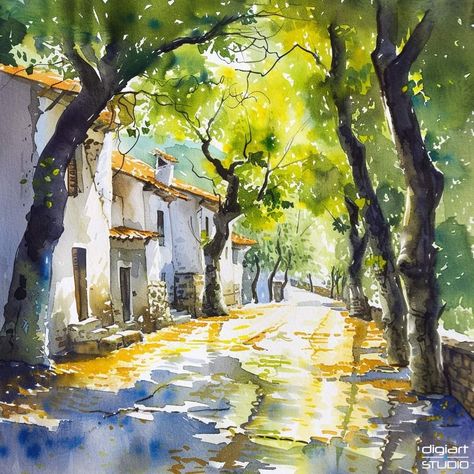 Watercolour Buildings Paintings, Village Watercolor Painting, Watercolor Village, Town Watercolor, Wet Watercolor, Watercolour Landscapes, Bright Morning, Whimsical Art Paintings, Building Painting