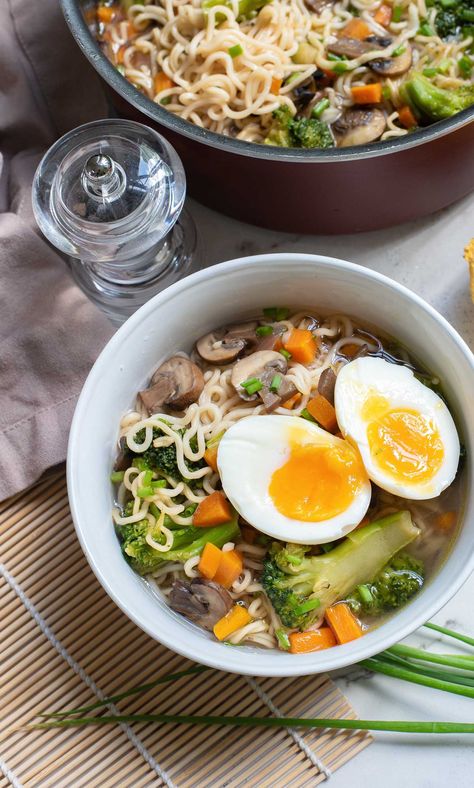 one serving of ramen noodle soup in a white bowl set in front of a larger pot Air Fryer Okra, Healthy Ramen Noodle Recipes, Healthy Ramen Noodles, Baked Tortellini Casserole, Homemade Ramen Noodles, Ramen Soup Recipes, Shrimp Ramen, Healthy Ramen, Okra Recipe