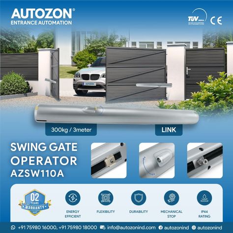 SWING GATE OPERATOR AZSW110A  AUTOZON ENTRANCE AUTOMATION Call: +91 98945 55518 Mail: info@autozonind.com Web: www.autozonind.com  Introducing AUTOZON's Swing Gate Operator - Model AZSW110A. Capable of handling gates up to 300KG and 3 meters, powered by a robust DC motor for smooth and reliable performance.  #autozon #autozonind #entranceautomation #motor #gate #gates #gatemotor #gateopener #gateoperators #gateautomation #gateautomations #gatemanufacturing #automatedgate #electricgate #electricg Gate Motors, Gate Automation, Social Media Advertising Design, Advertising Design, Gate, Entrance, Design