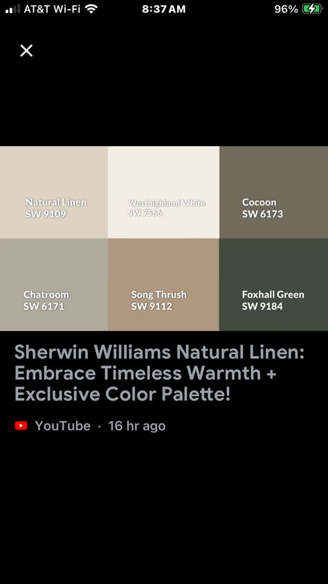 Paint for palette whole house  SW NATURAL linen  9109  paired with:   Light trim option - SW West Highland White OR darker trim option SW Cocoon ( maybe cabinets??)   	⁃	a tad greener undertone is SW CHATROOM SW 6171 - has a 41 LRV; same  family but lighter more subtle than cocoon         SW SONGTHRUSH SW9112. LRV 33 midtone for a room where you get a lot of light, and you want to go a little deeper neutral  - nabe the guest be?   Accent color  Foxhall Green Sw 9184 LRV 7 Office accent or a laundry accent? ￼ Sw Cocoon, Foxhall Green, Sw Natural Linen, Paint Hacks, Dark Trim, Loft Wall, Interior Wall Lights, Light Trim, Interior Wall Paint