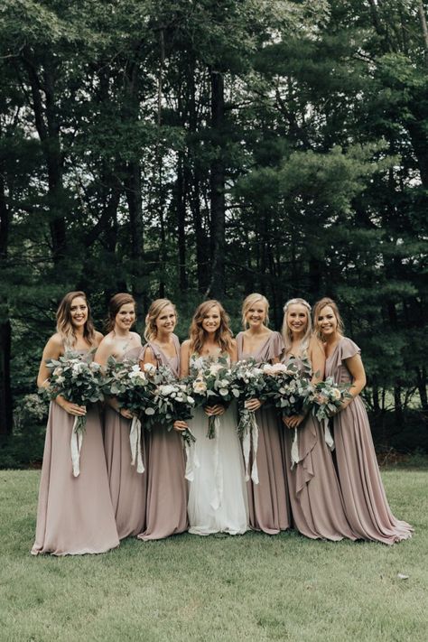 Taupe bridal party    #wedding #weddings #weddinginspiration #aislesociety #engaged #neutralwedding Bridesmaid Dresses For Greenery Wedding, Light Mauve Bridesmaid Dresses, Dusty Rose And Taupe Wedding, Quartz Wedding Color Scheme, Light Mauve Wedding, Long Neutral Bridesmaid Dresses, Taupe Wedding, Bridal Parties Colors, Taupe Bridesmaid Dresses