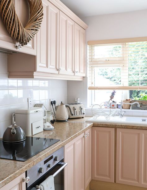 Pink Kitchen Cabinet makeover Farrow and Ball setting plaster Farrow And Ball Pink Kitchen, Setting Plaster Kitchen Cabinets, Pastel Pink Kitchen Cabinets, Setting Plaster Farrow And Ball Kitchen, Light Pink Kitchen Cabinets, Setting Plaster Kitchen, Setting Plaster Farrow And Ball, Old Kitchen Makeover, Mdf Kitchen Cabinets