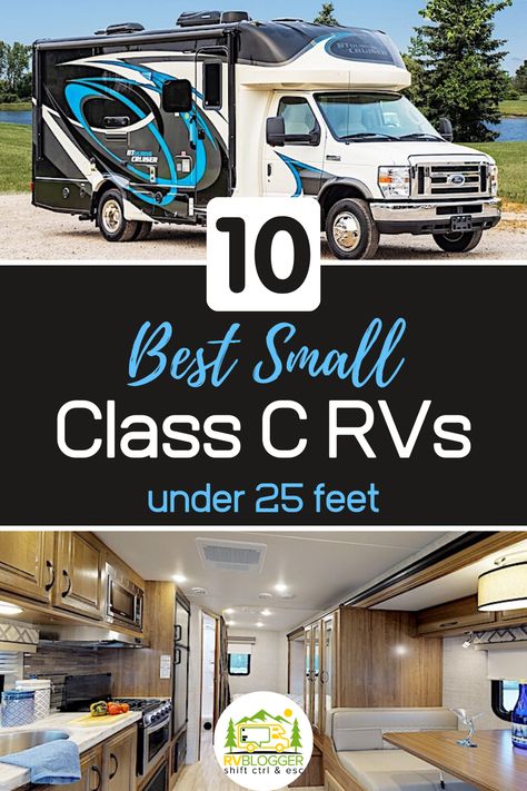 Small Class C RVs are the perfect motorhome for people wanting a drivable RV with easy mobility and handling through city streets and camping at National Parks. This review of 10 best small Class C RVs under 25ft is complete with interior photos, storage ideas and floorplans to help you decide which small motorhome is your best fit! #rvblogger #motorhome #classcrv #classcmotorhome #classcrvfloorplan #rvstorage #smallmotorhome #buyinganrv #rvbuyingguide #rvreview #winnebago #gulfstream #thor Class C Campers, Small Rv Campers, Small Motorhomes, Rv Interiors, Rv Floor Plans, Motorhome Interior, Rv Dreams, Class A Rv, Small Rv