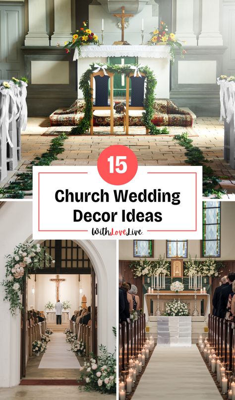 Elevate your church wedding with these simple yet stunning decor ideas! 💒✨ From elegant floral arrangements to charming aisle decorations, discover how to create a beautiful atmosphere without breaking the bank. Perfect for any budget and style! Save this pin for your wedding inspiration! 💖🎉 Simple Altar Decor, Staircase Decorations For Wedding, Decorating A Church For A Wedding, Wedding Alter Ideas Church Altars, Indoor Wedding Alter, Church Wedding Aisle Decorations, Church Flowers Wedding, Catholic Wedding Ideas, Indoor Ceremony Decor