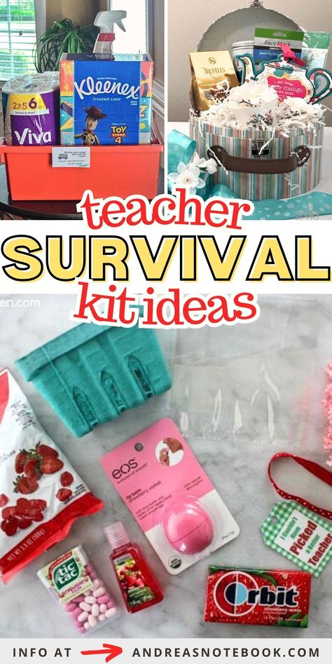 Diy Gift Basket For Teacher, New Teacher Gift Basket Survival Kits, Teacher Christmas Survival Kit, First Year Teacher Survival Kit, Secret Teacher Gift Ideas, Teacher Survival Kit Gift Ideas, Substitute Teacher Survival Kit, Teacher Supplies Gift Basket, Teachers Basket Ideas