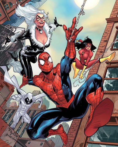 Black cat, Moonknight, Spider Woman & Spider-Man Spiderman Black Cat, Black Cat Marvel, Star Comics, Ultimate Spiderman, Marvel Comic Universe, Amazing Spider Man, Spiderman Comic, Marvel Comics Art, Spider Woman