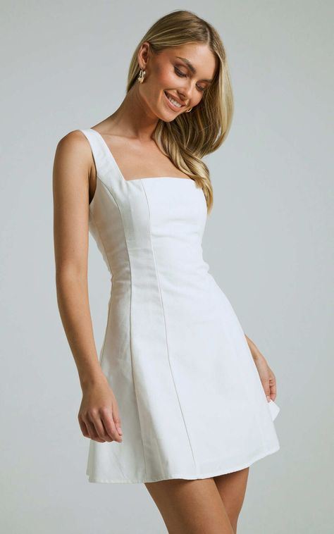 Adiana Mini Dress - Linen Look Square Neck Shirred Back A Line Dress in Off White | Showpo USA Nursing Graduation Dress White, White Graduation Dress Classy, Long Graduation Dresses High School, Graduation Dress Inspiration, Formal One Piece, White Graduation Dress High School, Dress Short Simple, Elegant Feminine Seductive Style, Fitted White Dress