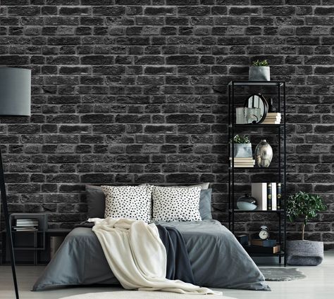 Removable Peel 'n Stick Wallpaper Self-Adhesive Wall | Etsy Black Brick Wallpaper, Brick Wallpaper Bedroom, Brick Wall Bedroom, Peel N Stick Wallpaper, Black Brick Wall, Look Wallpaper, Grey Brick, Black Brick, Accent Wall Bedroom