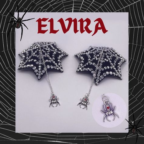 My newest design "Elvira" is ready and available in my Etsy store! Inspired by the Mistress of the Dark herself! These beautiful black satin pasties are hand stoned (in your colour choice) with a delicate spider web and made complete with a fixed Silver Spider pendant 🕷️ The first of my Dark Desires Collection 🕷️ #burlesque #pole #drag #pasties #pastys #tassels #dancer #cabaret #costume #smallbusiness #handmade #tasselsfortatas #burlesquedancer #showgirl #performer Pasties Outfit, Burlesque Halloween Costumes, Burlesque Pasties, Cabaret Costume, Band Au, Burlesque Outfit, Spider Pendant, Burlesque Costume, Crafty Diy