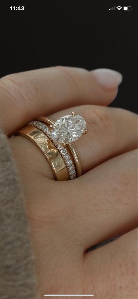 Oval Rings Engagement With Band, Hayley Bieber Wedding Ring, Oval Wedding Ring With Gold Band, Dream Wedding Ring Gold, Gold Banded Engagement Rings, Solitaire Engagement Ring And Wedding Band, Gold Wedding Stack Ring, Almond Ring Engagement, Gold And Silver Wedding Ring Stack