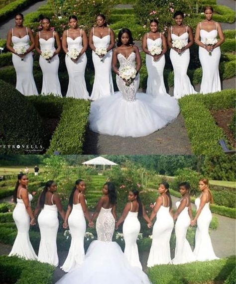 Bride and bridesmaids Modern Bridesmaid Dresses, Modern Bridesmaid, All White Wedding, Black Bride, Wedding Goals, White Dresses, Wedding Pics, Wedding Poses, Wedding Attire