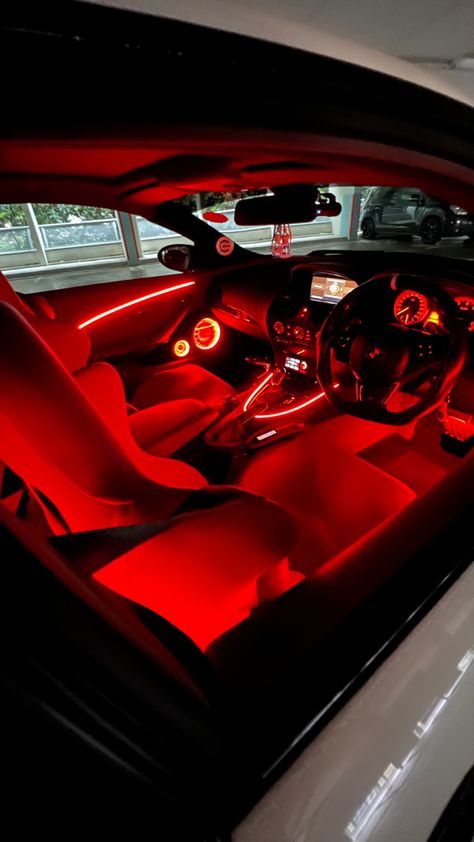 Inside Of Sports Car, Led Car Lights Interior Red, Chrome Car Aesthetic, Hellcat Interior Aesthetic, Red Interior Car Aesthetic, Black Car With Red Interior, Black And Red Car Interior, Red Car Interior Decor, Wine Red Car