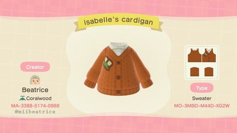 Acnh Pro Designs Cardigan, Animal Crossing Cardigan, Animal Crossing Isabelle, Ac Outfits, Autumn Cardigan, Acnh Patterns, Qr Codes Animal Crossing, Animal Crossing Characters, Island Theme