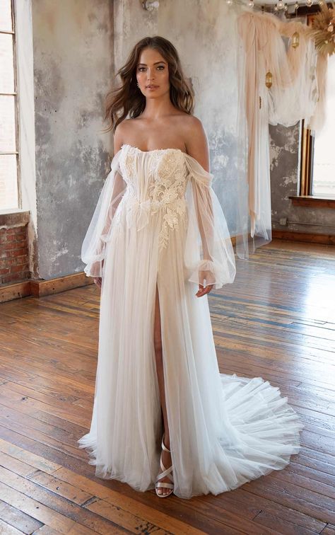 Ethereal Tulle Off-the-Shoulder A-Line Wedding Dress with Detachable Sleeves Sleeves For Wedding Dress, Gaun Tulle, Detachable Sleeves Wedding Dress, Detachable Wedding Dress, Ethereal Wedding Dress, Kleinfeld Bridal, All Who Wander, Ethereal Wedding, For Wedding Dress