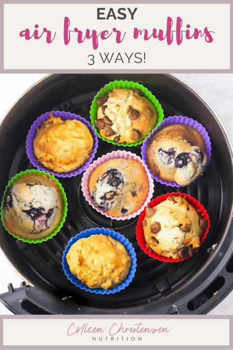 Perfectly fluffy air fryer muffins! Use this basic muffin recipe to make fruit, veggie, or chocolate chip muffins in the air fryer! This is the best of all of the air fryer muffin recipes. You can use this basic muffin recipe to make any type of muffin you like! Air fryer muffins healthy living can go together! #airfryerrecipes #airfryer Air Fryer Breakfast Muffins, Muffin In Air Fryer, Air Fryer Muffin Recipes, Airfryer Muffin Recipe, Airfryer Muffins, Muffins In Air Fryer, Air Fryer Muffins, Basic Muffin, Recipes Airfryer