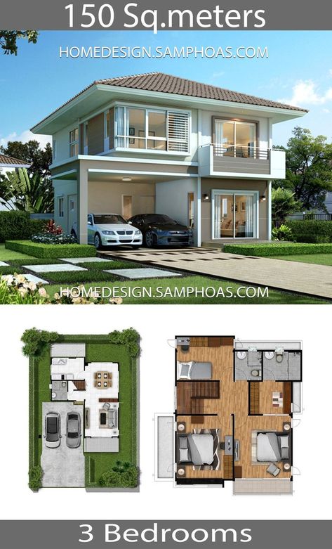 Simple House Design 9x7.5 With 3 Bedrooms B01 Unique Small House Plans, Minimalist Houses, Kitchen Backyard, 3 Storey House, 3 Storey House Design, Small Bungalow, Three Bedroom House Plan, 2 Storey House Design, 3d House Plans