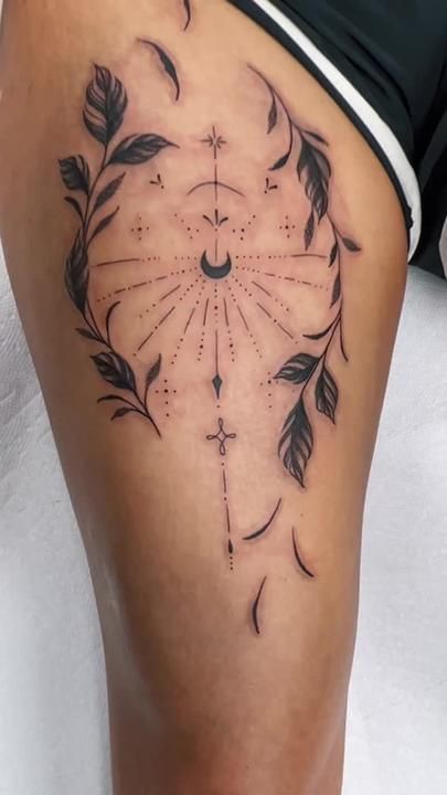 Celestial Thigh Tattoo, Thigh Tattoos Women Sun And Moon, Ornamental Thigh Tattoo, Sun Moon Tattoo Thigh, Moon Thigh Tattoo, Lotus Sun Moon Star Tattoo, Sun Moon Floral Tattoo, Upper Thigh Tattoos, Tattoo Moon