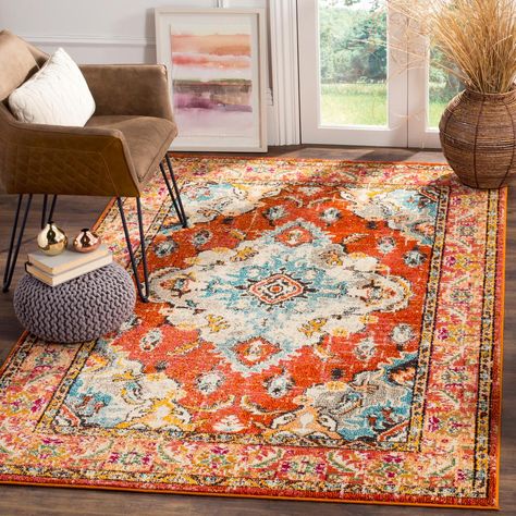 Safavieh Monaco Orange/Light Blue 5 ft. x 8 ft. Area Rug - MNC243H-5 - The Home Depot Bathroom Decor Small Space, Boho Chique, Light Blue Rug, Light Blue Area Rug, Carpets And Rugs, Living Room Area, Medallion Rug, Orange Light, Orange Area Rug