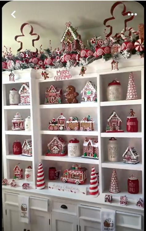 Peppermint Christmas Tree Ideas Diy, Candy Cane Storage, Two Tier Christmas Decor, Gingerbread House Mantle Decor, Gingerbread Cabinet Decor, Gingerbread Dining Room, Sweets Christmas Decorations, Gingerbread Shelf Decor, Gingerbread Fireplace Decorations