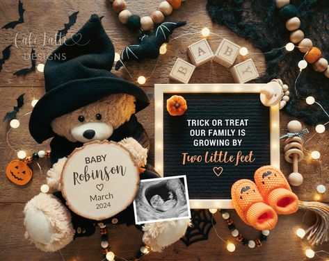 Halloween Pregnancy Announcement Digital Get ready to enchant your friends and family with our spellbinding pregnancy announcement digital! Perfect for sharing your Halloween baby joy on social media, this delightful design features an adorable teddy bear wearing a witch hat, a charming letter board displaying the message, "Trick or treat our family is growing by two little feet," pumpkin baby booties, whimsical little bats in the background, and cute baby props. WHY CHOOSE OUR ANNOUNCEMENT? Hal Halloween Baby Announcement Ideas, Baby Announcement Ideas Social Media, Hocus Pocus Baby Announcement, Spooky Baby Announcement, Fall Pregnancy Announcement Baby #2, Halloween Birth Announcement, October Baby Announcement, October Pregnancy Announcement, Pregnancy Announcement Halloween