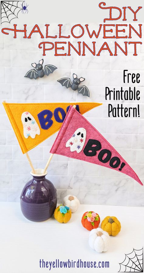 Easy DIY Halloween pennant flag decor with free printable pattern. Make a charming embroidered felt ghost pennant decoration for the spooky season. Beginner friendly DIY Halloween craft. Halloween Felt Crafts Free Pattern, Easy Felt Crafts Free Pattern, Diy Felt Pennant, Halloween Mail, Halloween Pennant, Felt Ghost, Easy Felt Crafts, Kids Halloween Food, Halloween Bunting