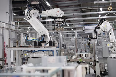 Factory Concept Design, Manufacturing Factory Design, Abb Robotics, Factory Photography, Robot Factory, Robotic Process Automation, Machine Vision, Industrial Revolution Factory, Industrial Office Design