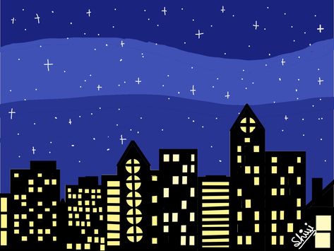 Several Buildings with Windows Under a Starry Night Sky City Simple Drawing, Night Aesthetic Drawing, City At Night Drawing, Clothe Designs, Night Sky Drawing, Speed Draw, Sky Digital, Building Drawing, City Cartoon