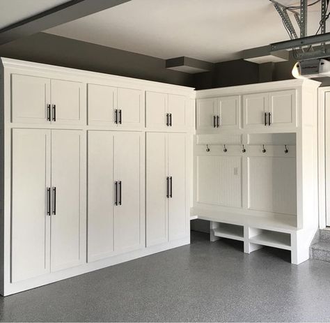 Storage with mud area Storage Ideas When Building A House, Garage To Closet Conversion, Adding Third Stall To Garage, Storage In New Build, Garage Mudroom Lockers, Must Haves New Home, Forever Home Must Haves, How To Add Storage To A House, Single Garage Storage Ideas