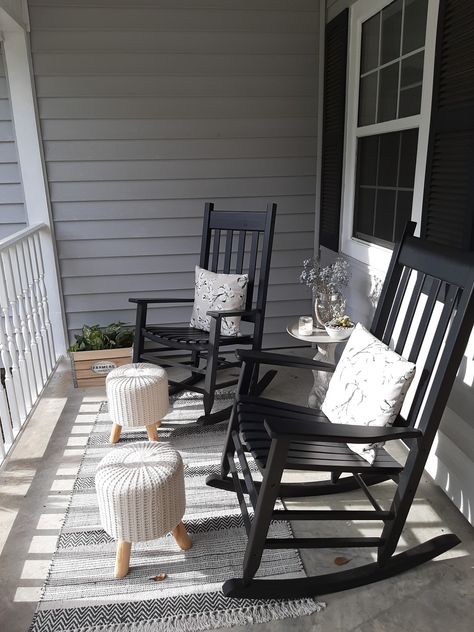 Porch Ideas With Rocking Chairs, Black Rocking Chairs On Front Porch, Rocking Chairs On Front Porch, Chairs On Front Porch, Front Porch Curtains, Porch Refresh, Front Porch Furniture, Condo Balcony, Summer Porch Decor