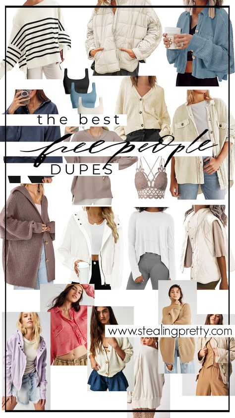 Clothes collage of Free People dupes clothes. Free People Style Outfits, Free People Inspired Outfits, Free People Sweater Outfit, Amazon Free People, Free People Outfits, Clothes Collage, Free People Vest, Boho Fall Outfits, Cream Outfit