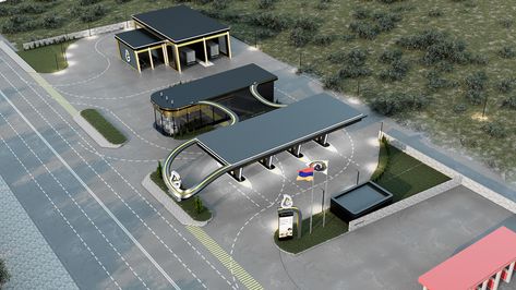 Fuel Station Design Architecture, Gasoline Station Design, Fuel Station Design Plan, Carwash Design Architecture, Fuel Station Design, Modern Gas Station, Gas Station Design, Ensuite Layout, Electric Station