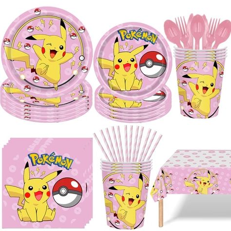 Pokemon Party Plates, Pikachu Birthday Party, Pokemon Party Supplies, Birthday Pikachu, Pink Pokemon, Pikachu Party, Pikachu Birthday, Pokémon Birthday, Zelda Birthday